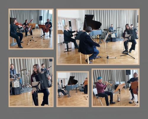 Collage mit Fotos der Musikschullehrer:innen beim Gedenkkonzert für Gisela Sick