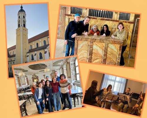 Collage einiger Bilder  von Lehrer*innen und Schüler*innen von einer Probenfahrt nach Ochsenhausen