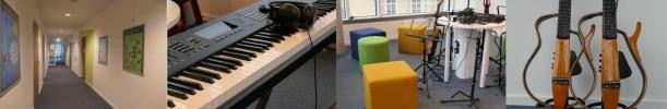 Collage aus den Gängen der Musikschule, Klavier und mehrern Instrumenten