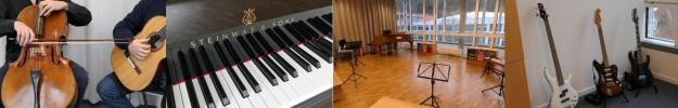 Collage aus verschiedenen Instrumenten (Klaver, Gitarre) und den Räumen der Musikschule
