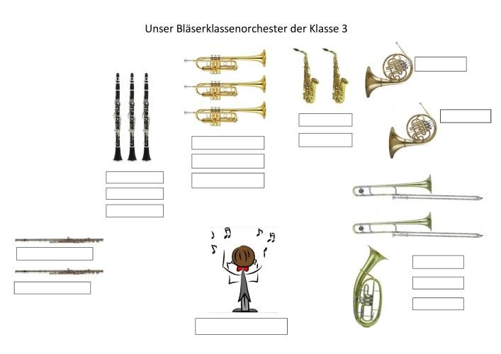 Skizze für ein Orchester mit 15 Kinder: ein Dirigent, zwei Querflöten, drei Klarinetten, drei Trompeten, zwei Saxophone, zwei Hörner, zwei Fagott und eine Tuba.