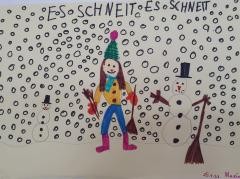 Gezeichnete Person die zwei Schneemänner gebaut hat. Darüber steht "Es schneit, es schneit". Link zum Youtube-Video "Es schneit".