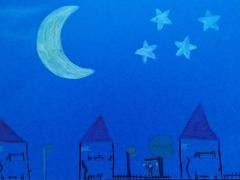 Gezeichnete Nachtlandschaft mit Halbmond und 4 Sternen. Link zum YouTube-Video "Der Mond ist aufgegangen."