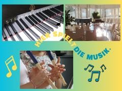 Collage zur Offenen Bühne mit einer Tastatur, dem Saal und zwei Kindern, die Blockflöte spielen.