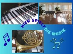 Eine Collage zur Offenen Bühne mit dem Saal, einer Tastatur und einem Jungen, der Horn spielt.