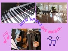 Collage zur Offenen Bühne mit einer Tastatur, dem Saal und zwei Kindern, die Akkordeon spielen.