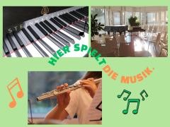 Collage zur Offenen Bühne mit einer Tastatur, dem Saal und einem Mädchen, das Querflöte spielt.