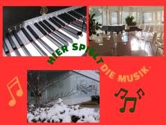 Eine Collage zur Offenen Bühne mit dem Eingang des Bildungshauses mit Schnee., dem Saal und einer Tastatur.