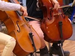 Zwei junge Cellist*innen spielen gemeinsam auf ihren Instrumenten.