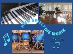 Collage zur Offenen Bühne mit Tastatur, Saal, Drum Set.